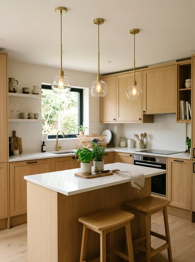 Three mini pendant lights properly scaled to a narrow kitchen island.