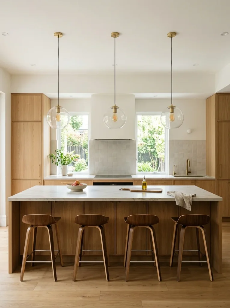Three kitchen island pendants evenly spaced according to the length of the island.