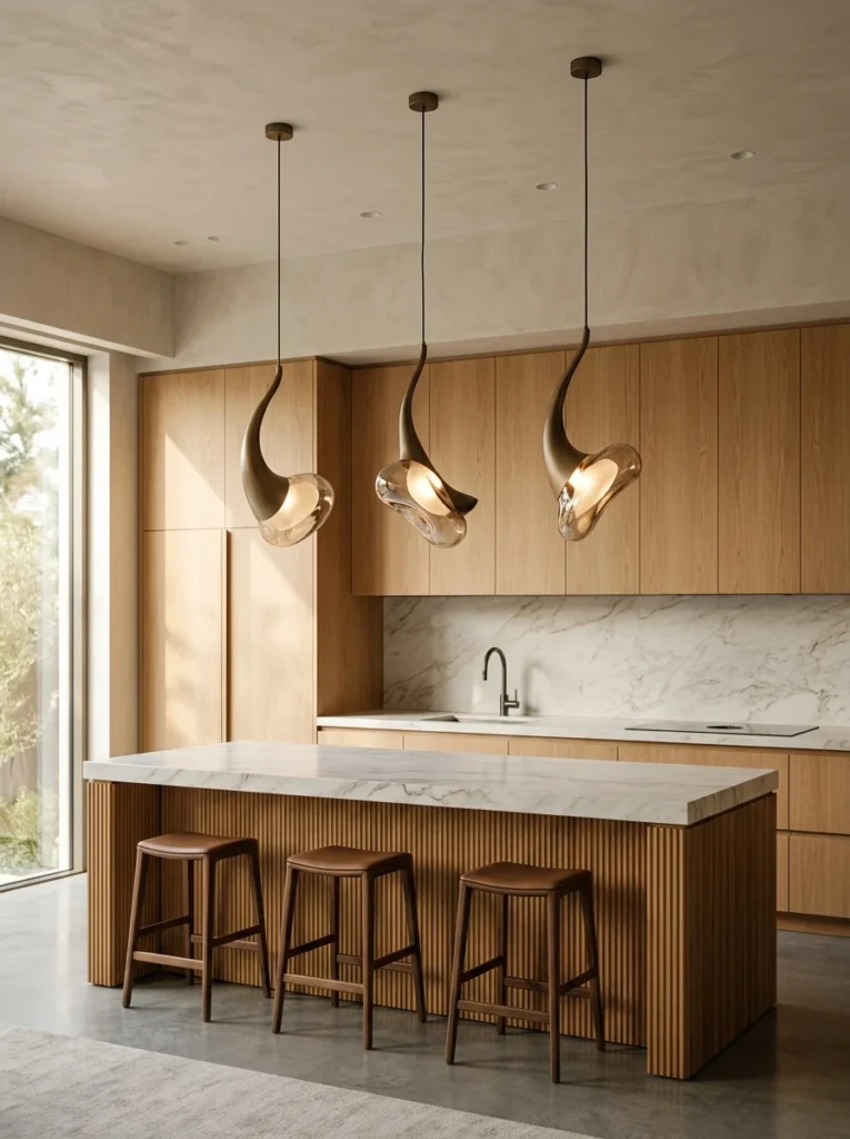 Sculptural statement pendant lights serving as the main decor above a kitchen island.