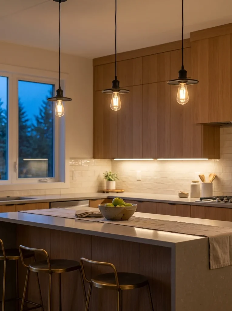 Three kitchen pendant bulbs providing consistent warm white lighting above an island