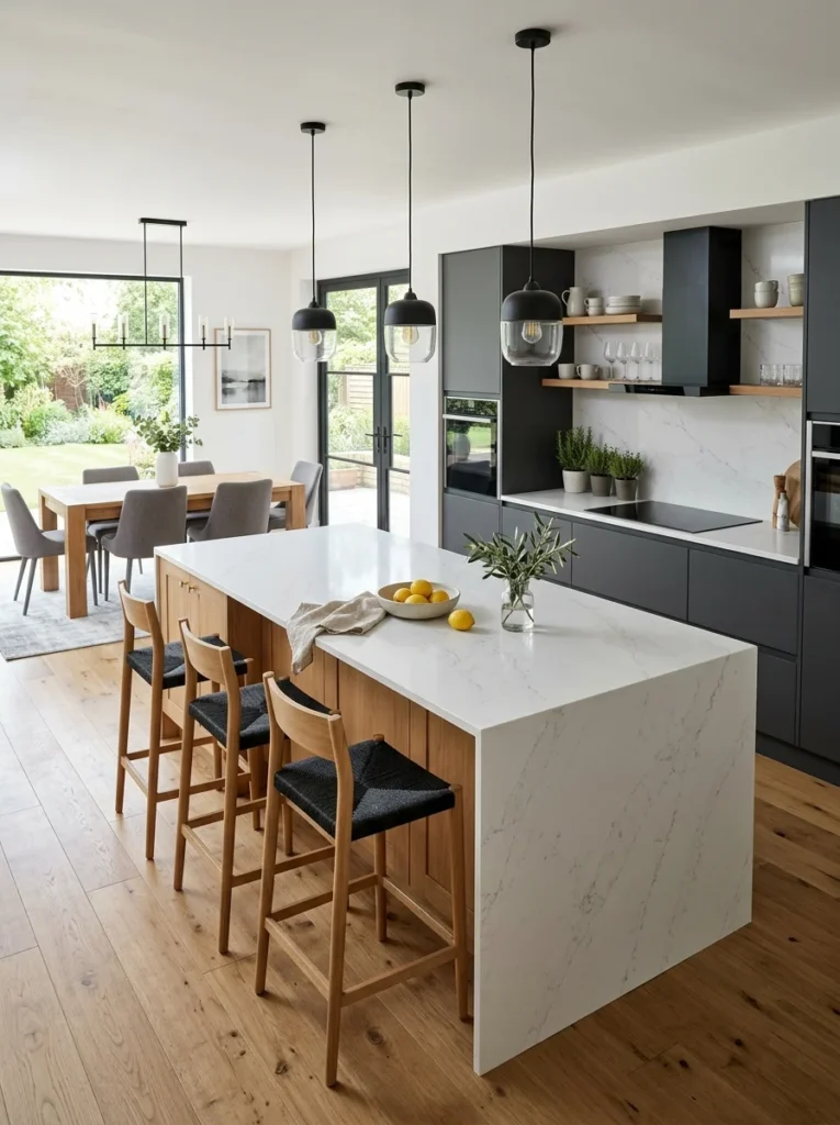 White porcelain countertops with subtle grey veining in an open kitchen.
