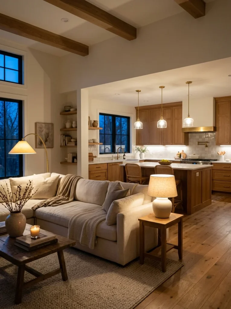 pen kitchen with bright task lighting beside a living room with warm ambient lamps.