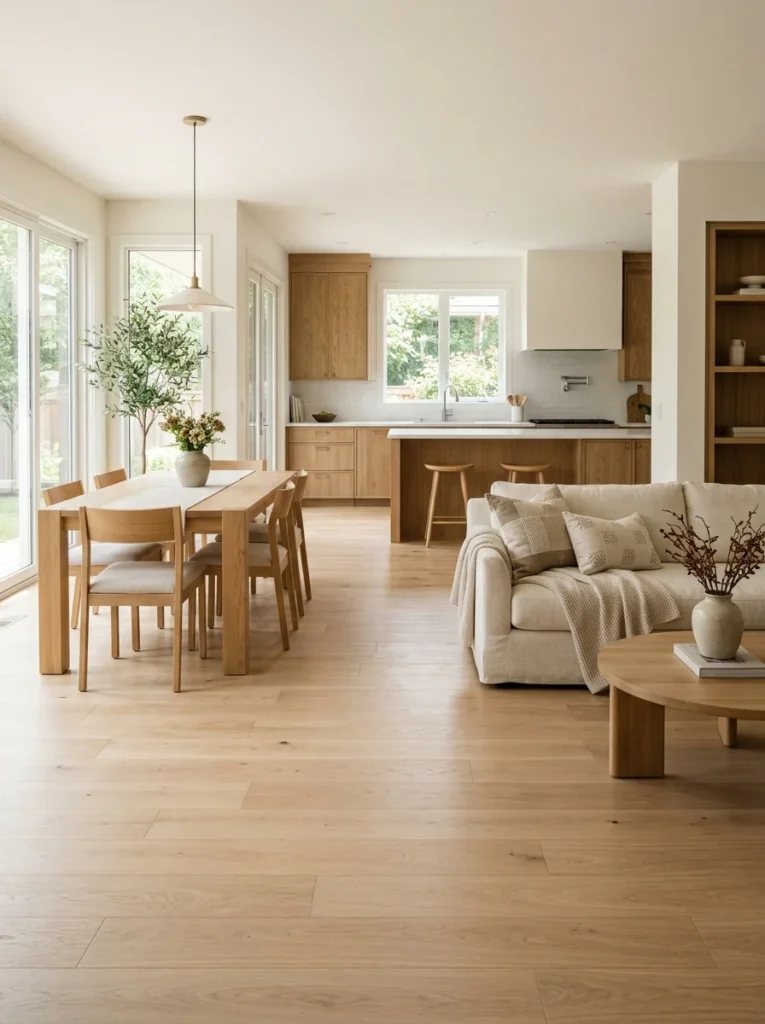 Continuous natural wood flooring connecting an open kitchen and living room.