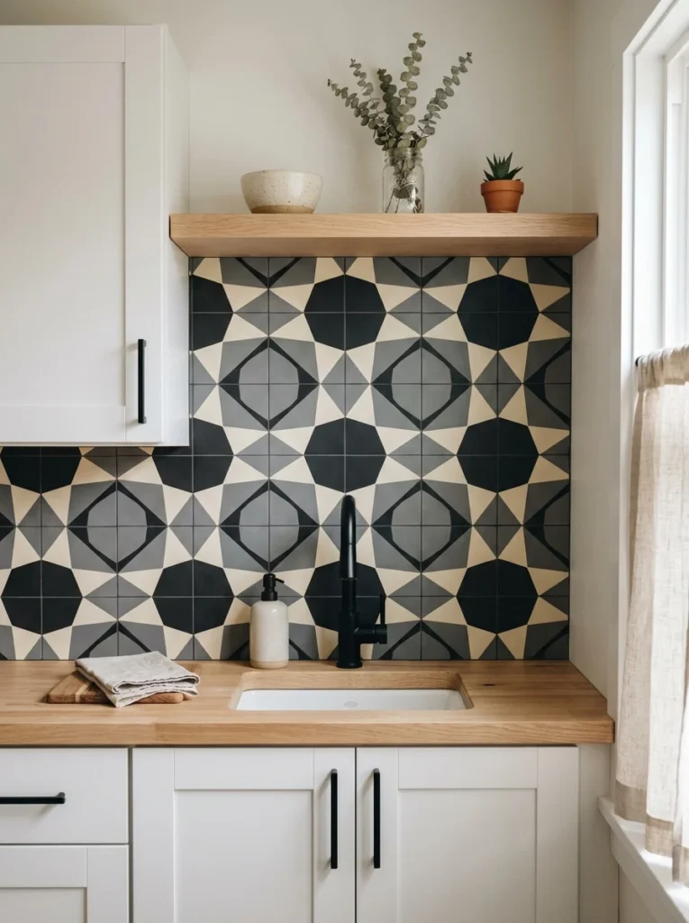 Geometric encaustic-style peel and stick backsplash in a small kitchen nook. 