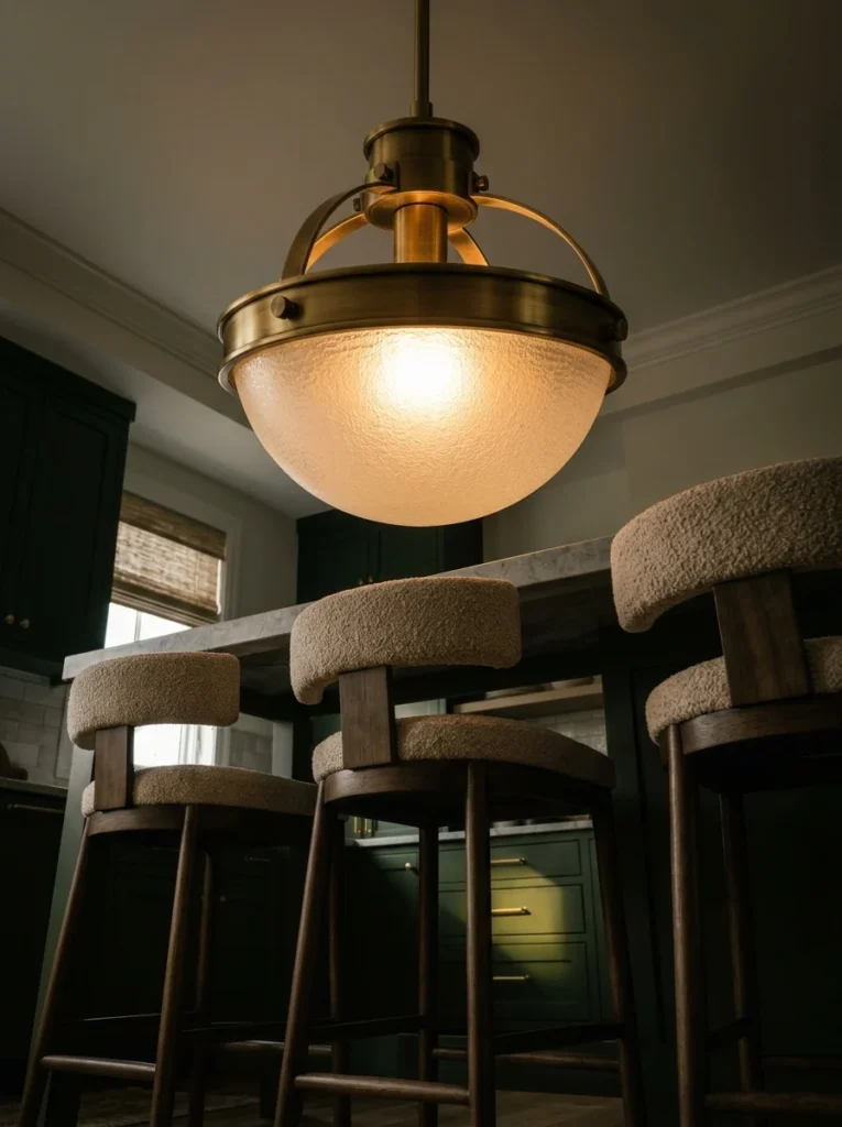 Dimmable kitchen island pendants creating soft lighting for evening entertaining.