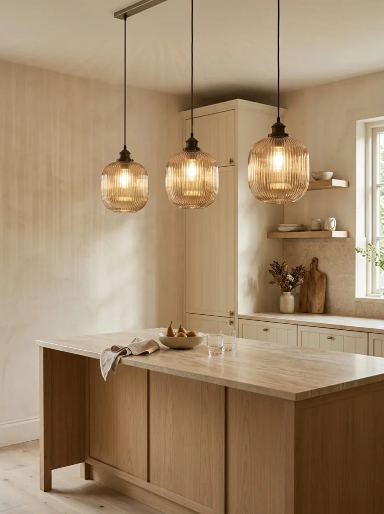 Ribbed glass pendant shades adding subtle texture above a neutral kitchen island.