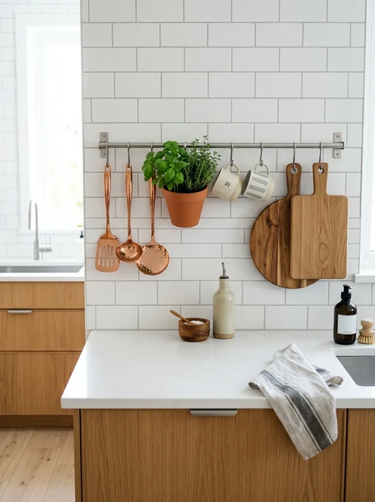 IKEA GRUNDTAL rail organizing kitchen utensils and herbs.