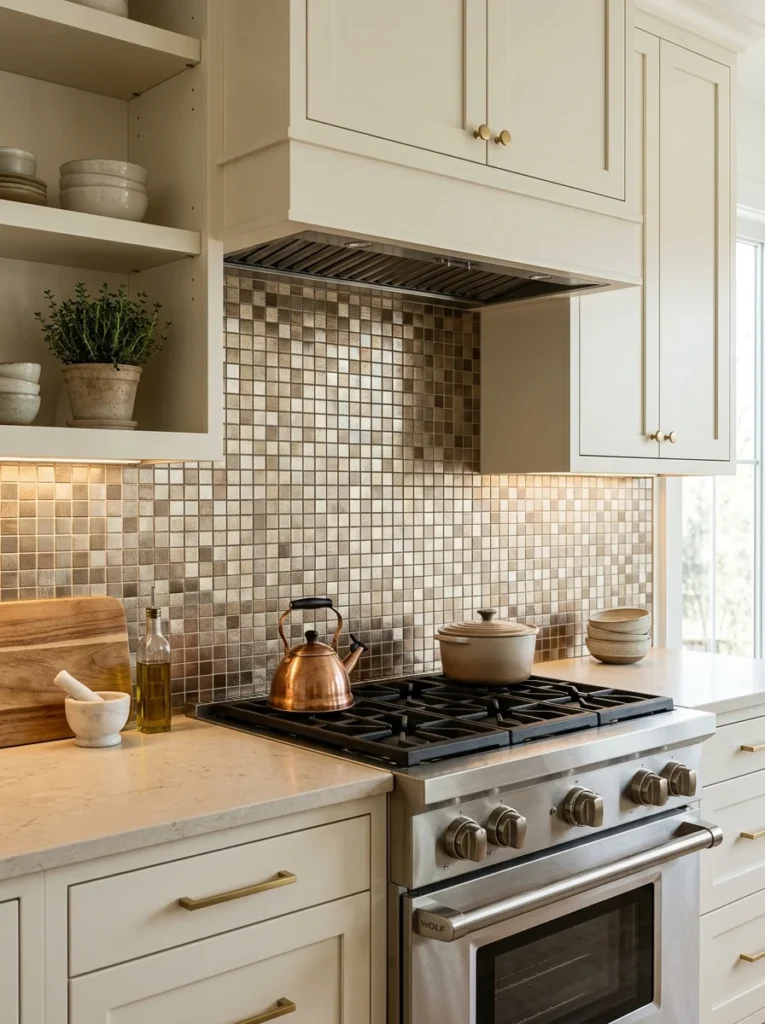 Metallic mosaic peel and stick backsplash adding subtle shine behind a kitchen range.