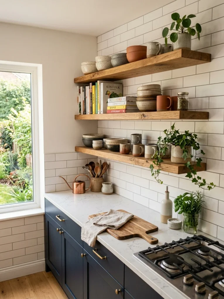Floating oak kitchen shelves replacing upper cabinets.