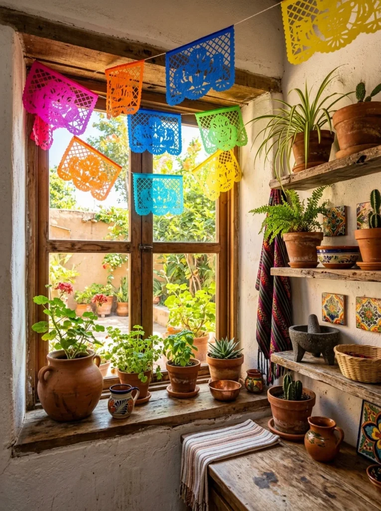 Papel picado banners decorating a sunny kitchen window.