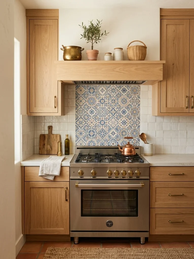Moroccan-inspired patterned peel and stick backsplash behind a kitchen stove.