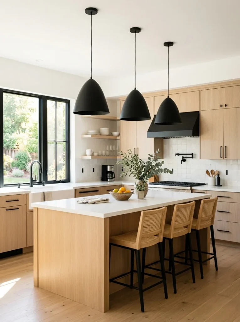 Black pendant lights adding visual contrast to a light neutral kitchen.