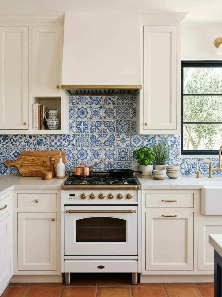 Blue and white patterned peel and stick kitchen backsplash behind the stove. 