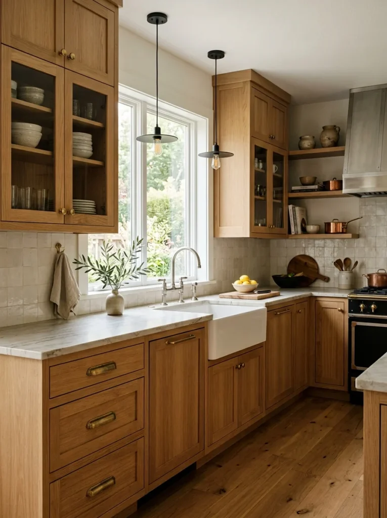 Kitchen combining brass, stainless steel, and black metal finishes in a balanced design.