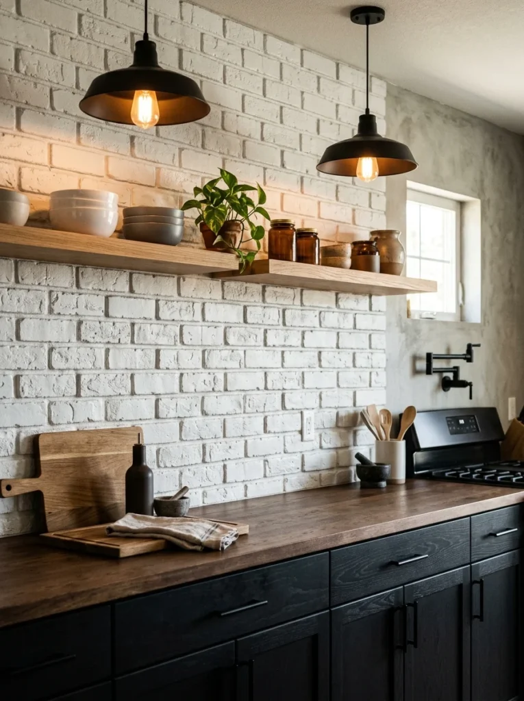 Textured 3D brick peel and stick backsplash in an industrial kitchen. 