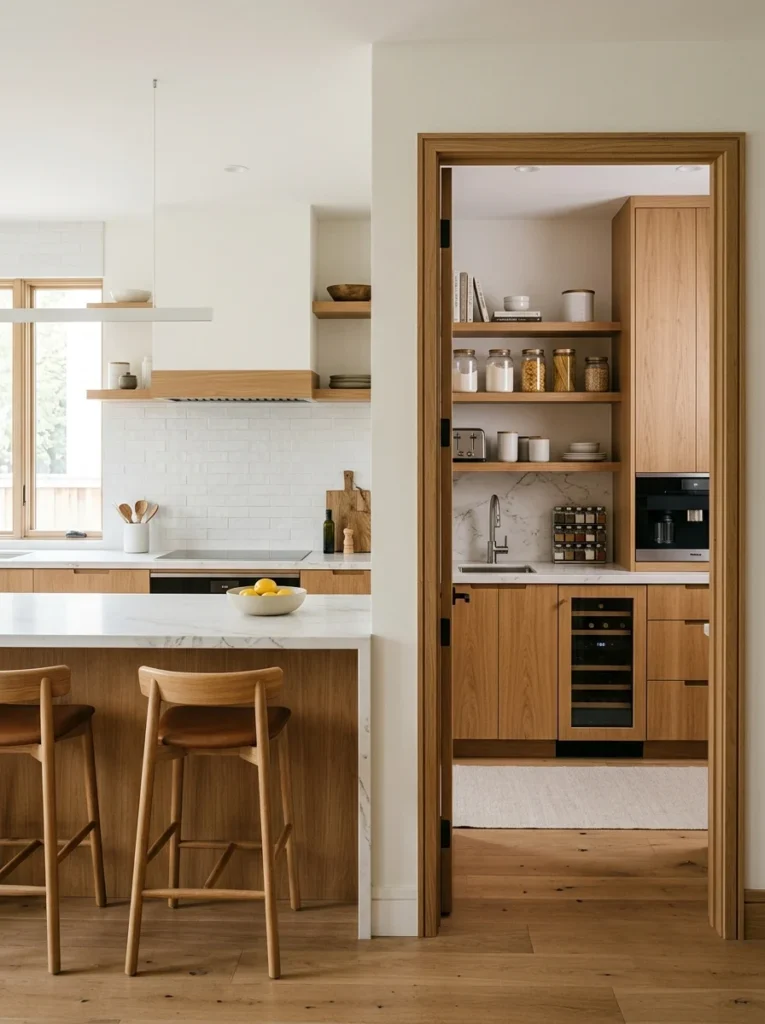 Butler's pantry providing hidden prep space and storage beside a modern kitchen.