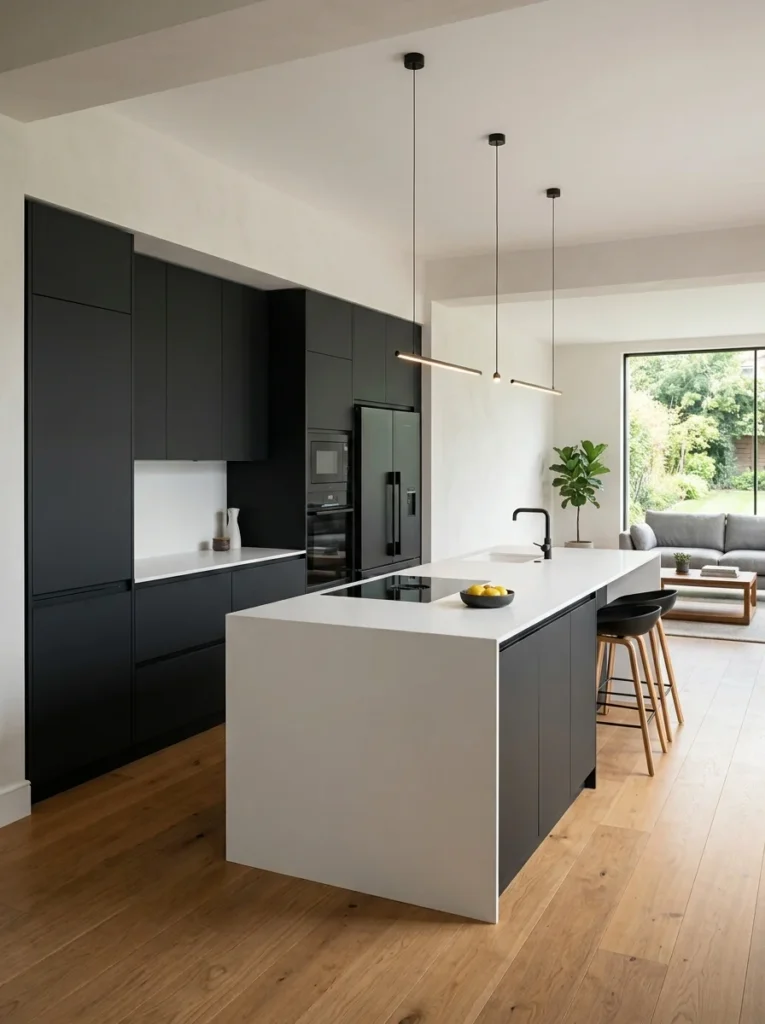 Handle-free cabinetry creating clean lines in a modern open kitchen.