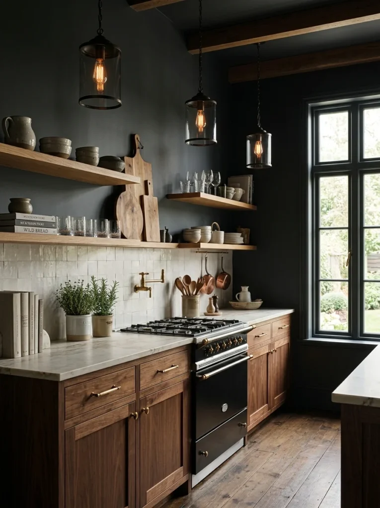 Dusty blue kitchen cabinets creating a soft and calming color scheme.