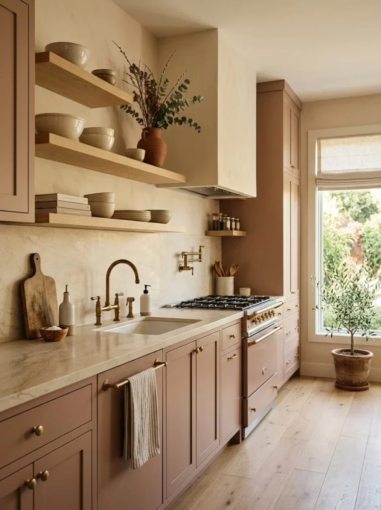 Muted clay pink kitchen cabinets creating subtle warmth with natural wood accents.