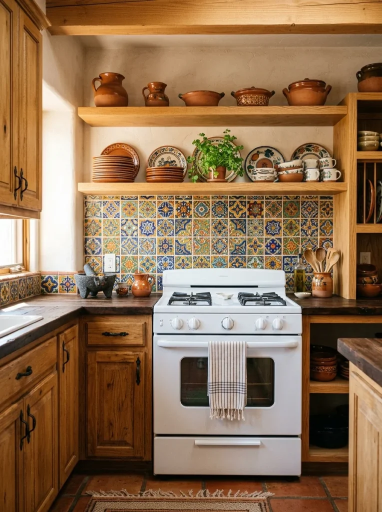 Colorful Talavera tile backsplash in a Mexican-style kitchen.