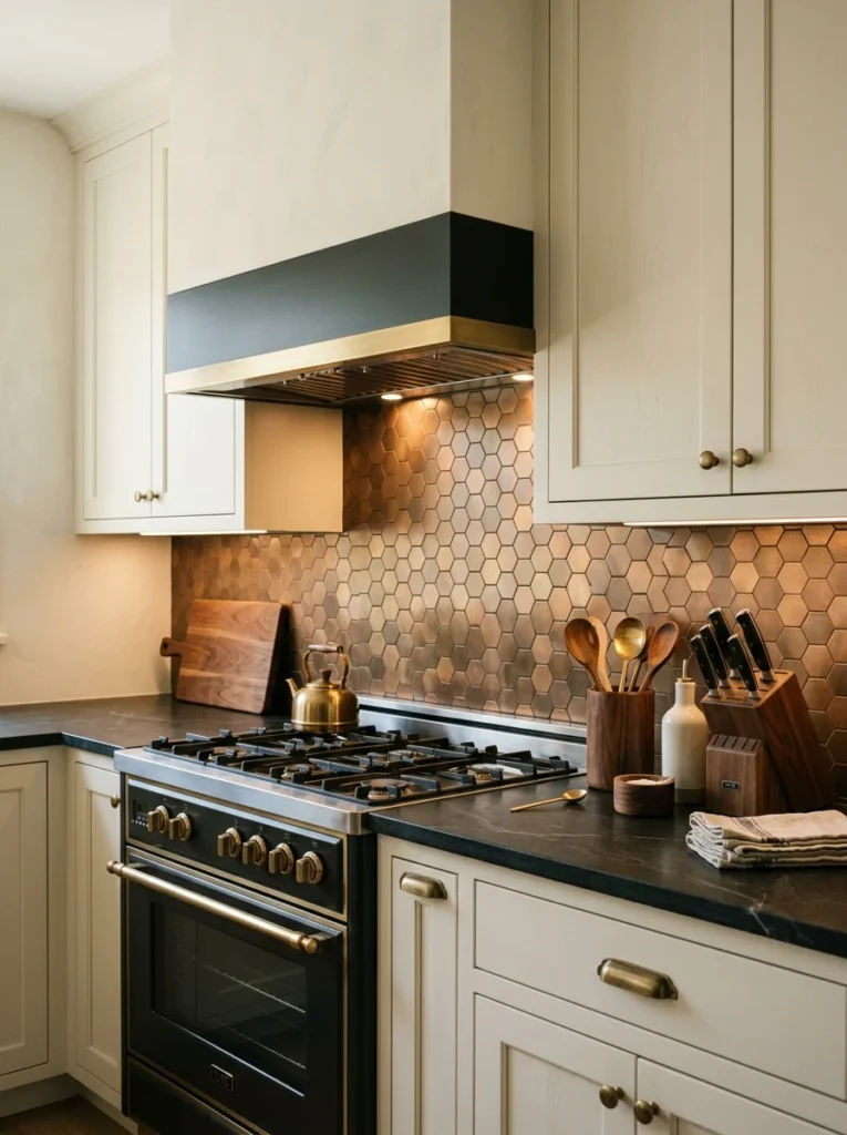 Copper and bronze peel and stick backsplash creating a warm metallic kitchen accent.