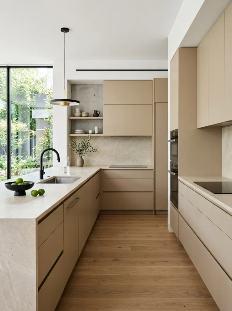 Minimalist kitchen cabinets with hidden hardware and clean uninterrupted surfaces.