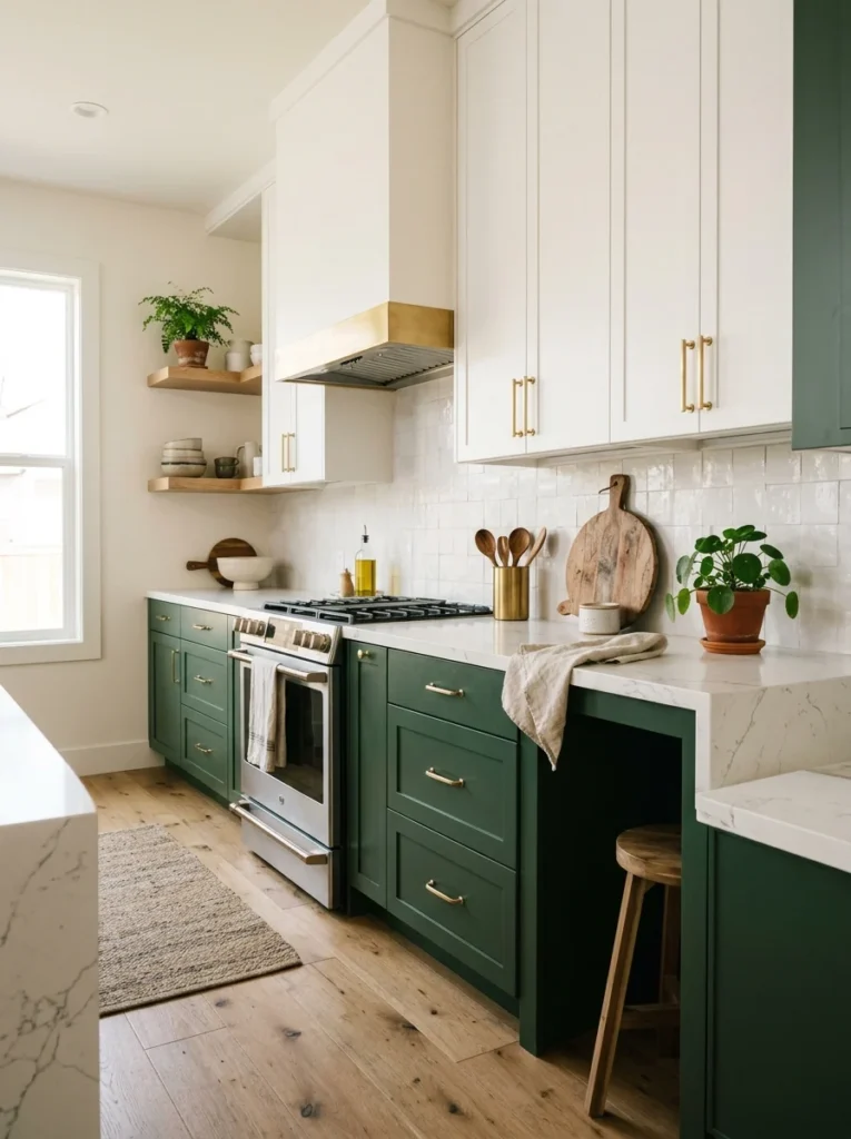 Forest green lower kitchen cabinets creating a bold accent.