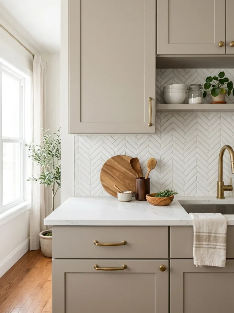 White herringbone peel and stick backsplash in a stylish modern kitchen.