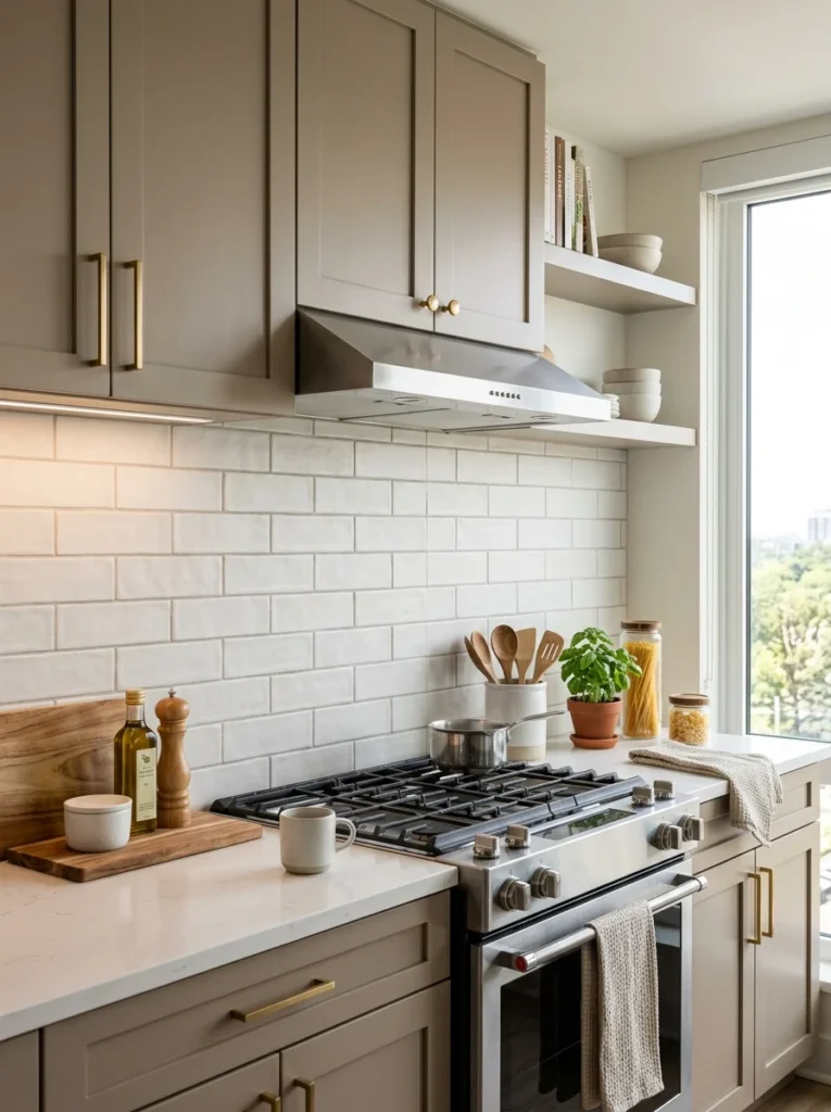 Rental kitchen updated with a removable peel-and-stick backsplash.