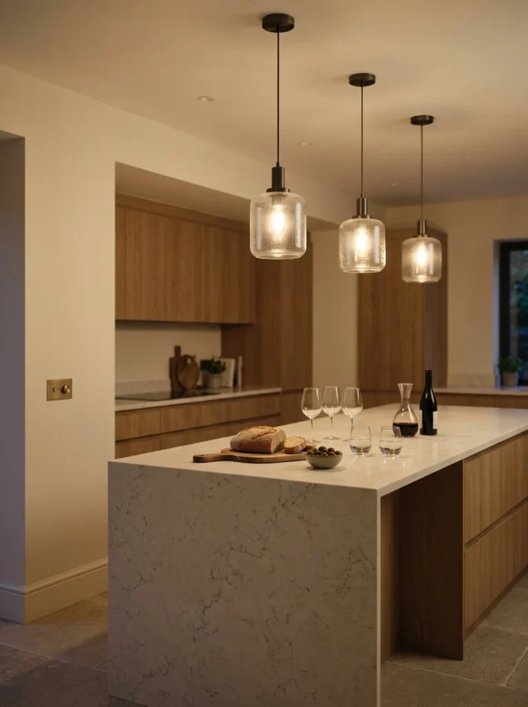 Black pendant lights adding visual contrast to a light neutral kitchen.