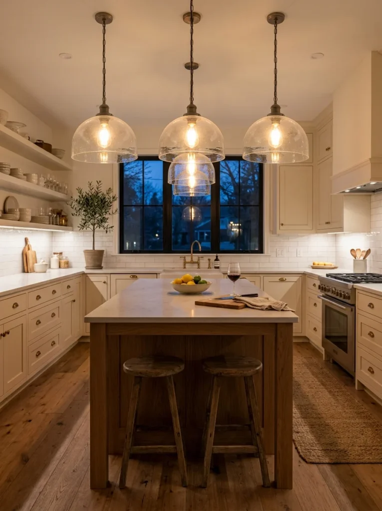 Clear glass pendant shades spreading warm light throughout a modern kitchen.