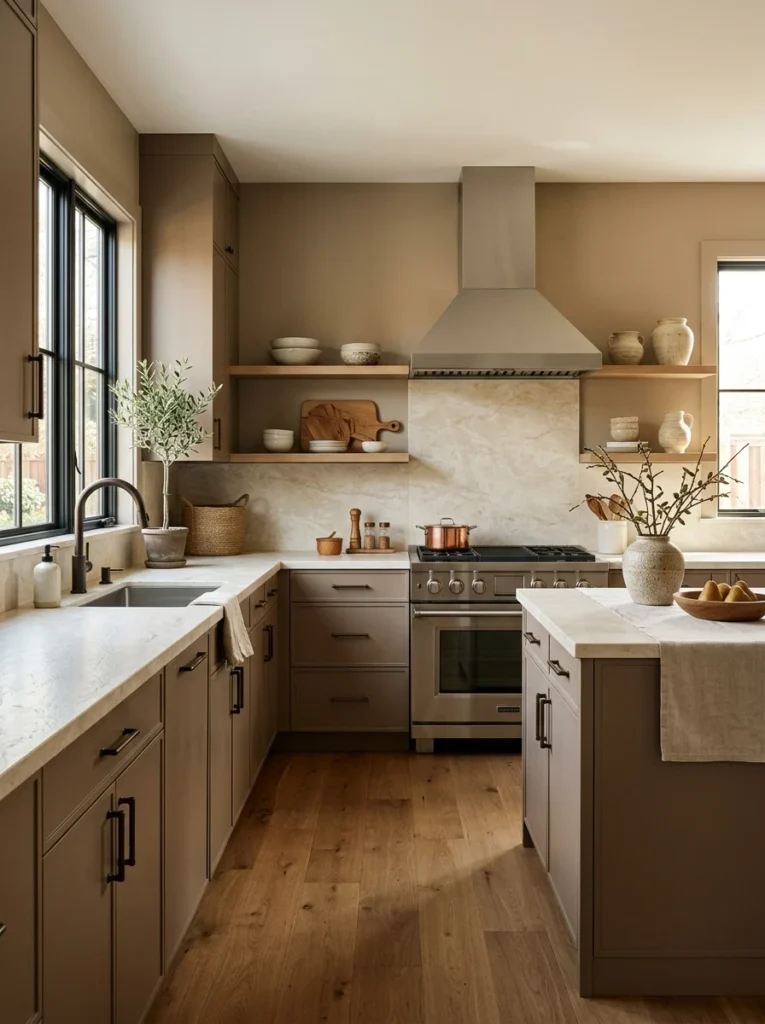 Small kitchen with warm off-white cabinets creating a bright and open feeling