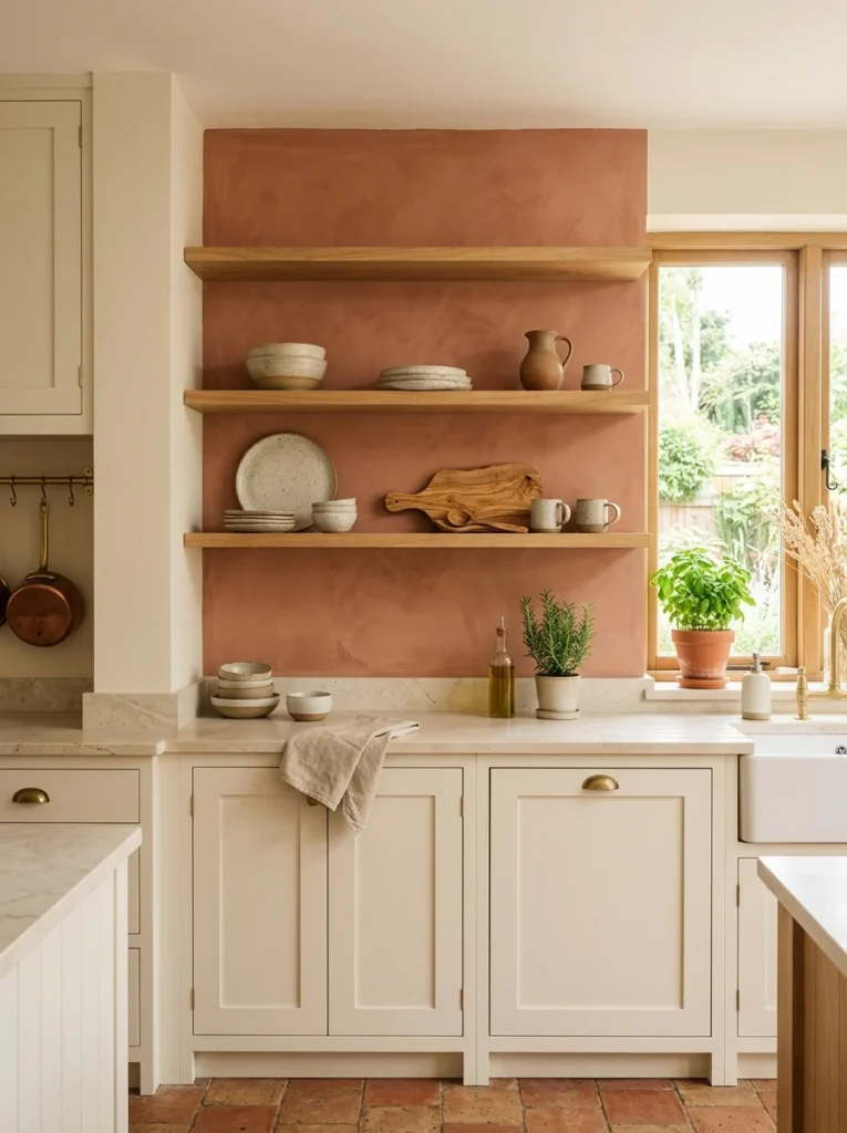 Terracotta kitchen accent wall behind natural wood open shelving.