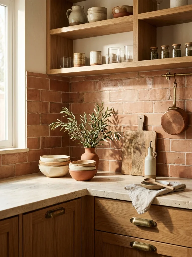 Terracotta peel and stick backsplash paired with natural wood kitchen cabinets.