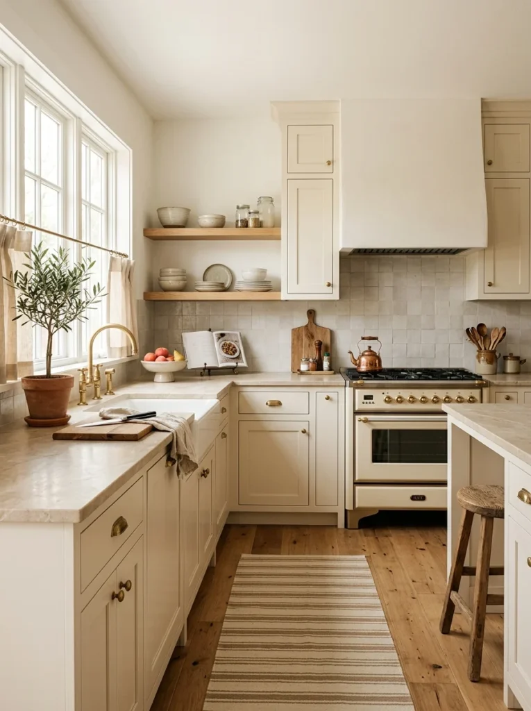 Stylish kitchen featuring warm cream, sage green, navy, terracotta, and natural wood color ideas.