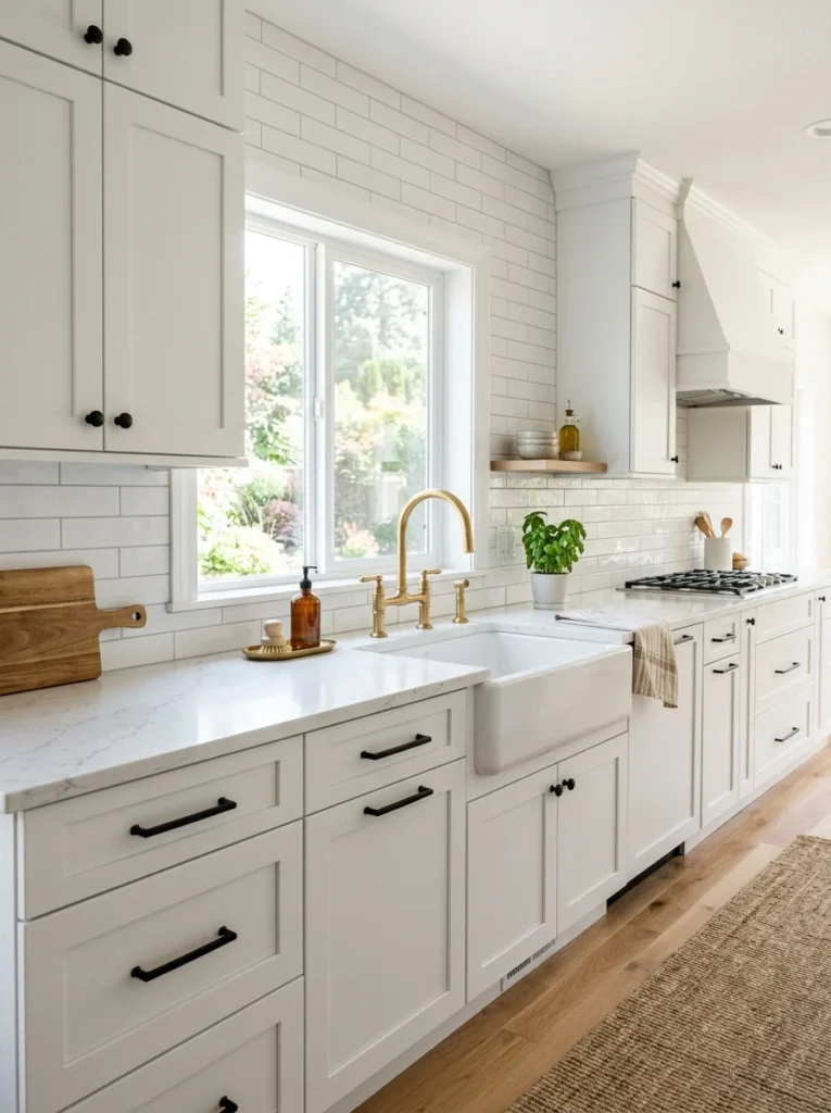 Matte black cabinet hardware updating white kitchen cabinets.