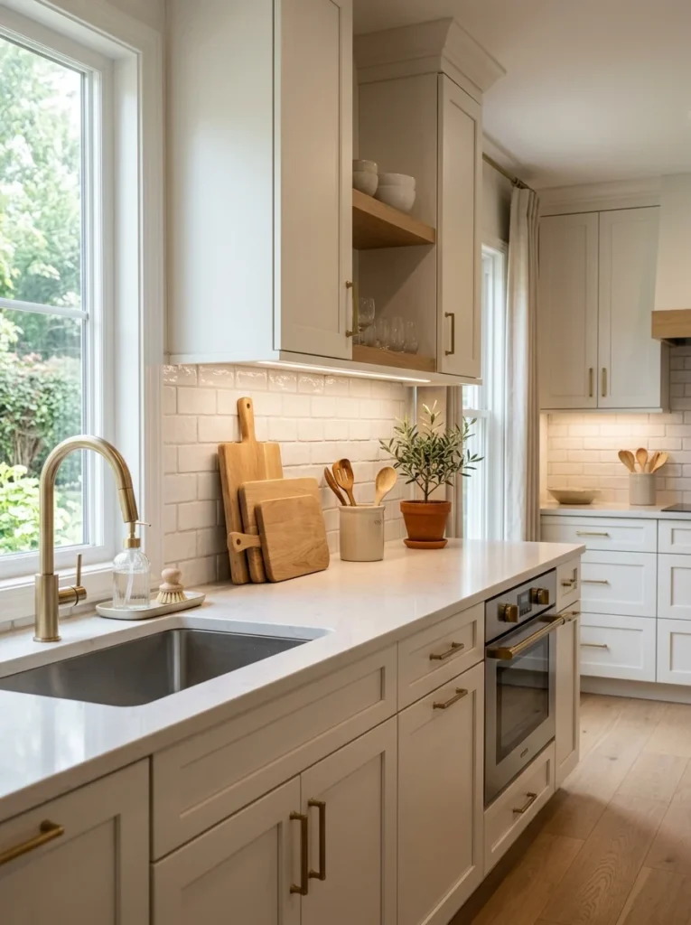 Classic white subway peel and stick backsplash with white kitchen cabinets.