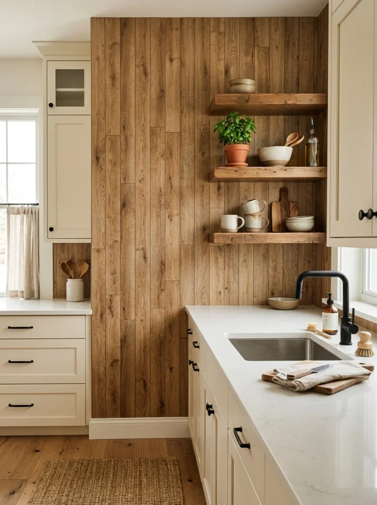 Wood-look peel and stick backsplash planks in a warm modern kitchen