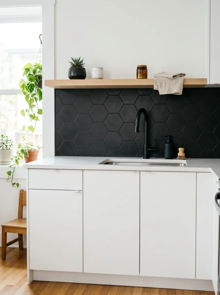 Matte black hexagon peel and stick backsplash with white kitchen cabinets.