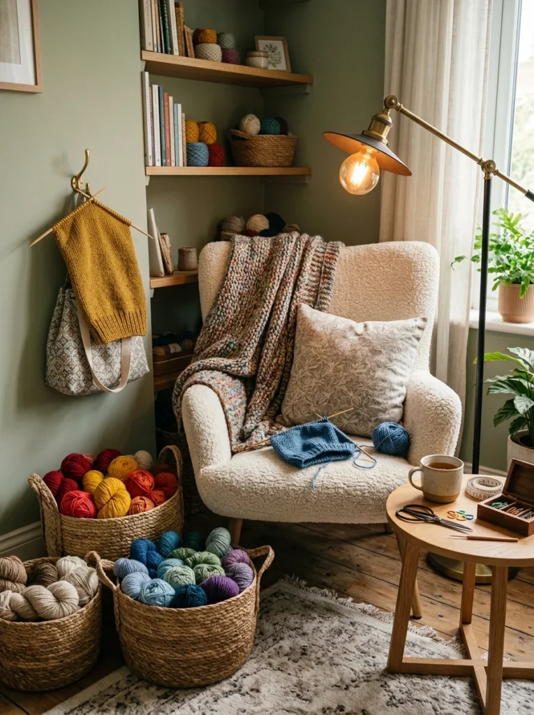 Cozy knitting and crochet corner with yarn baskets, armchair, task lighting, and project storage.