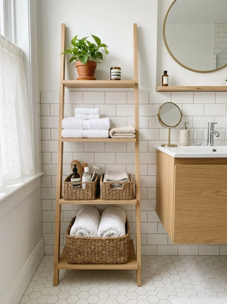 Leaning ladder shelf providing vertical storage in a small bathroom.