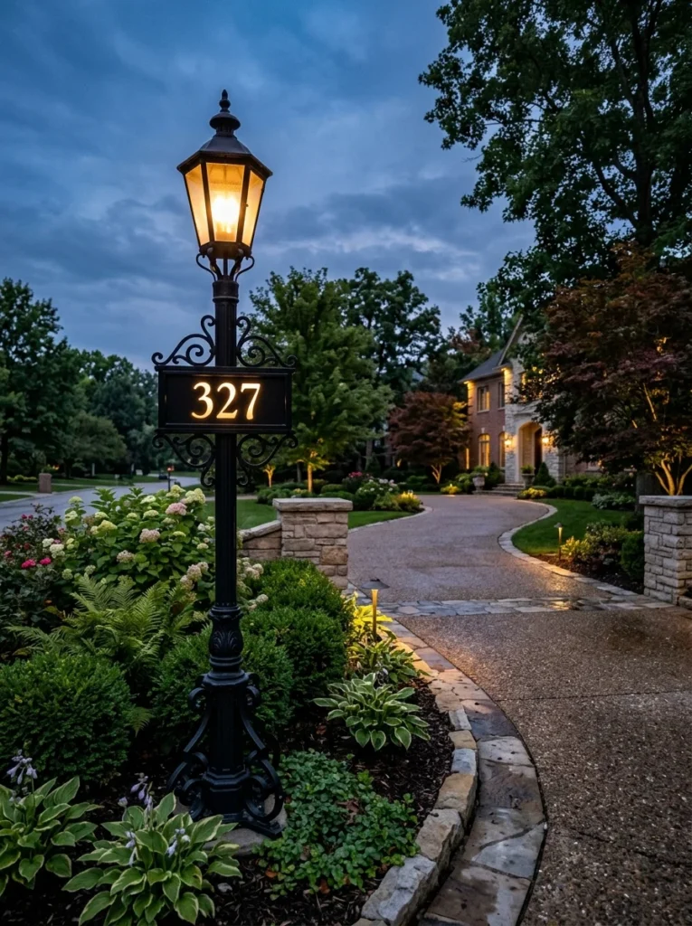 Illuminated address marker beside a driveway entrance.