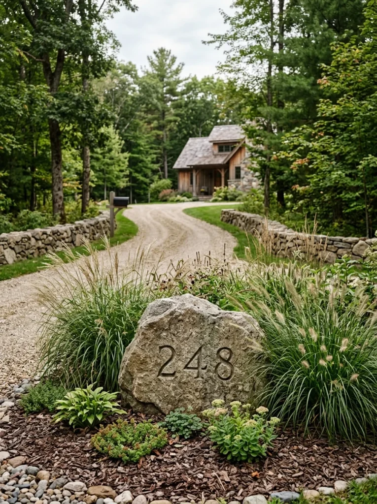 Engraved stone address marker beside a driveway.