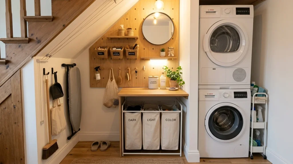 Organized small laundry nook with pegboard storage, slim rolling cart, fold-out counter, baskets, and wall-mounted accessories.