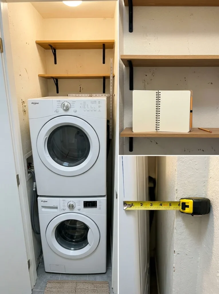 Measuring narrow gaps around a washer and dryer before adding laundry room storage.
