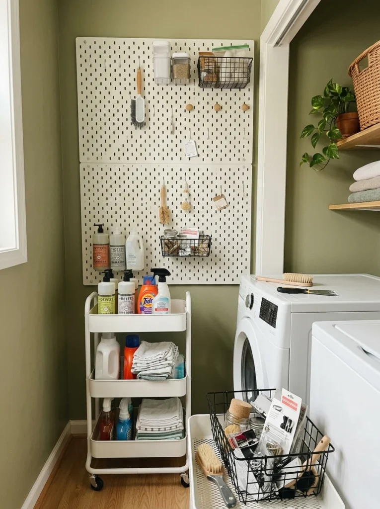 Small laundry nook storage system being reorganized to match changing household routines.