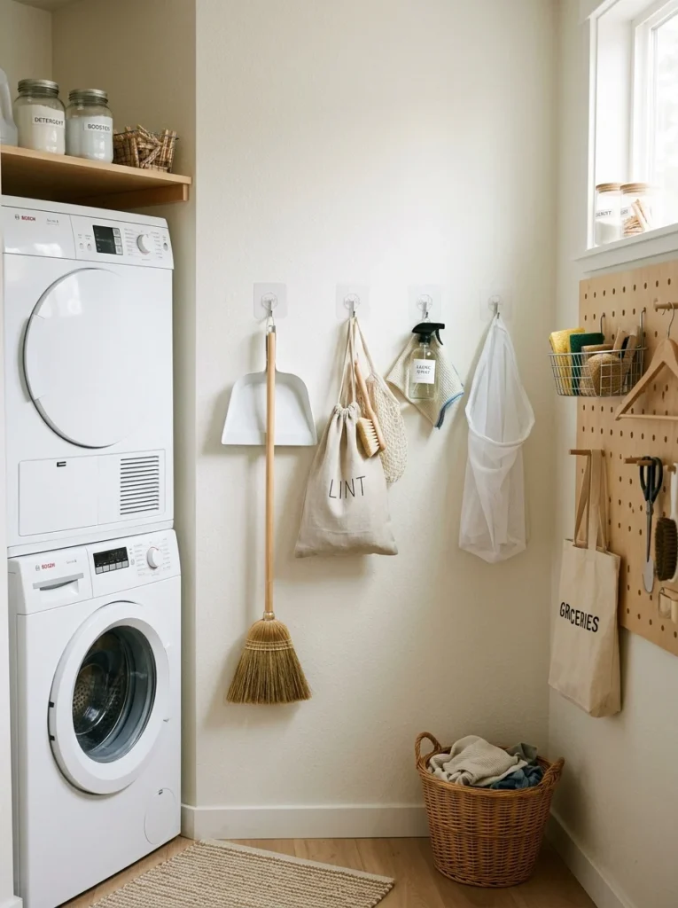 ble wall hooks organizing lightweight tools in a compact laundry nook.