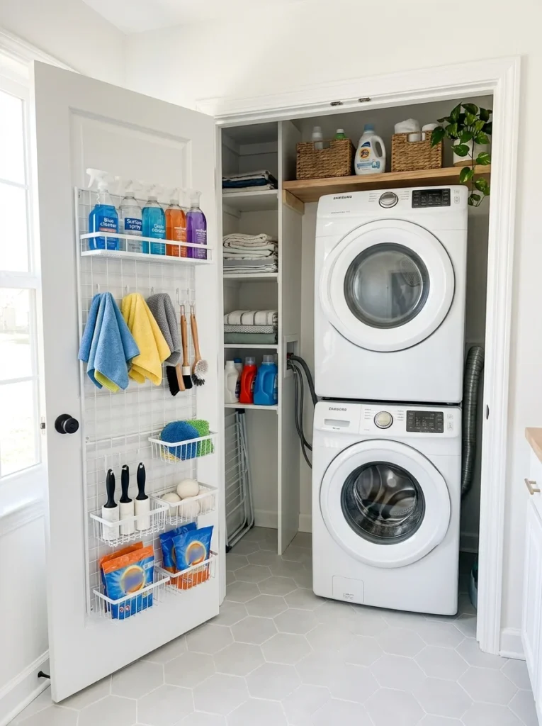 Slim door-mounted caddy organizing cleaning supplies in a small laundry space.