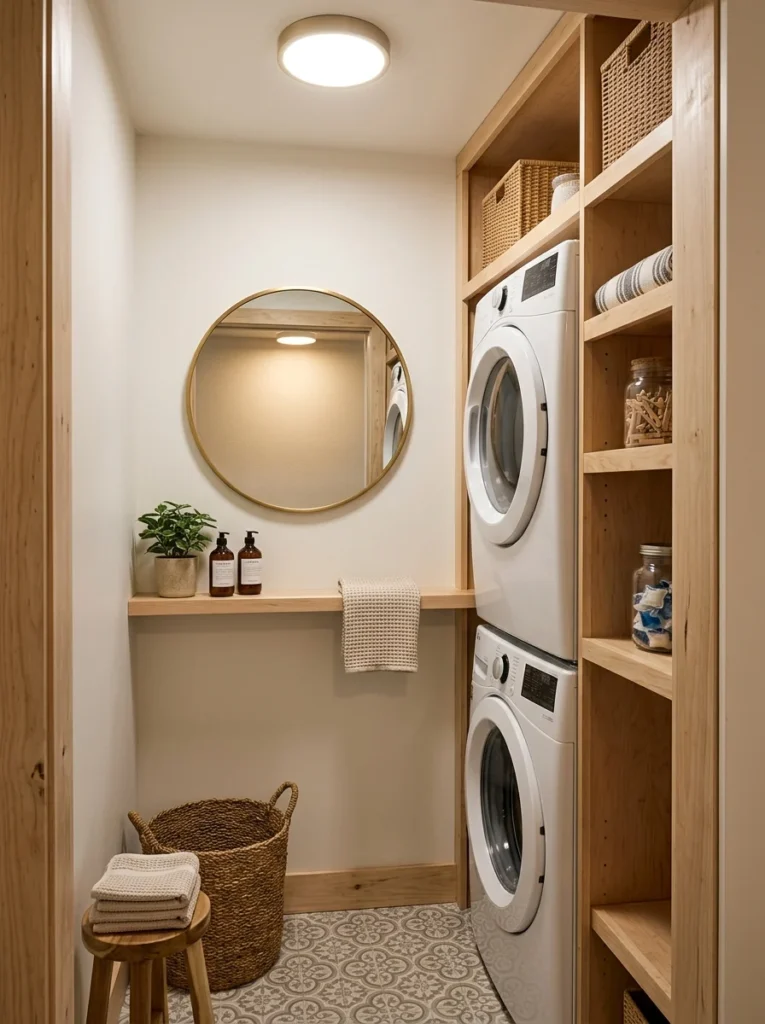 Small round mirror reflecting light inside a narrow windowless laundry nook.