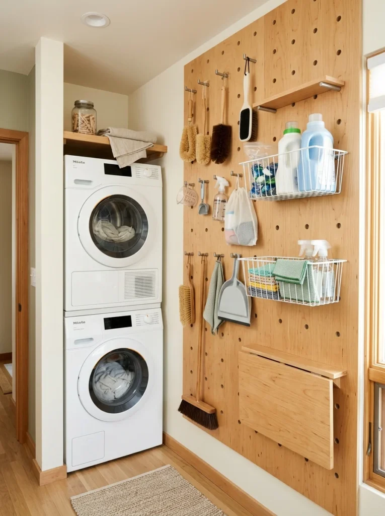 Flexible pegboard wall organizing laundry supplies in a compact laundry nook.